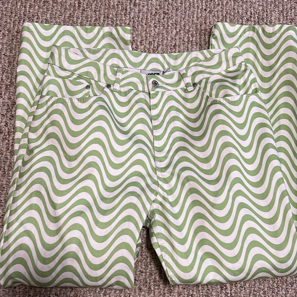 Urban Outfitters Ragged Jeans Wavy Lines Jeans Size 34 Lime Green and White